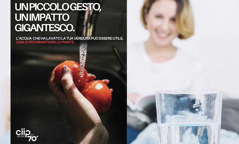 Immagine tematiche sul risparmio idrico. Mani che sciacquano verdura e donna che guarda un bicchiere di acqua limpida.