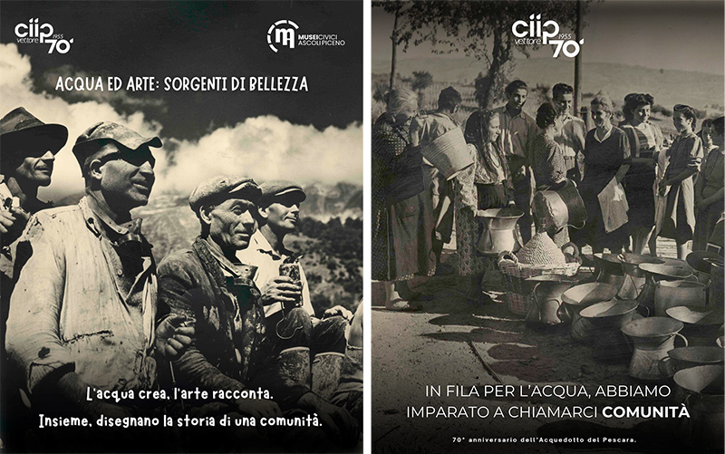 Foto storiche sul tema acqua, con operai addetti alla gestione delle tubature e donne che raccolgono acqua con le conche.