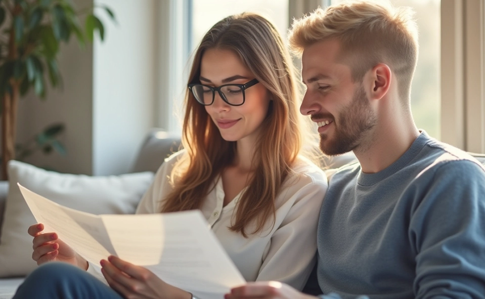 Immagine tematica di clienti CIIP (un uomo e una donna) che seduti sul divano leggono documenti contenenti informazioni sulle tariffe