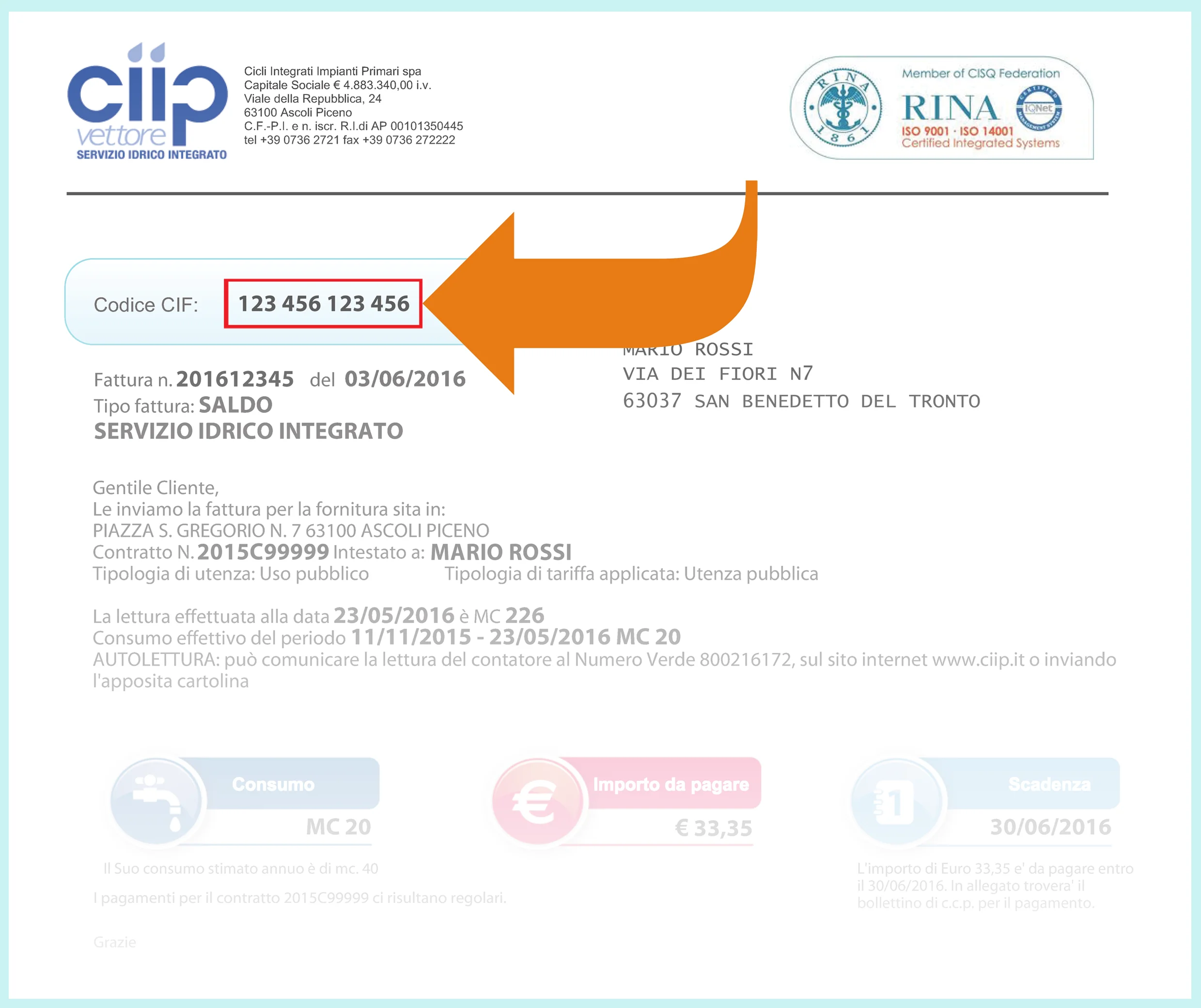 immagine di una bolletta con indicata - tramite una freccia colorata - la posizione del codice utente