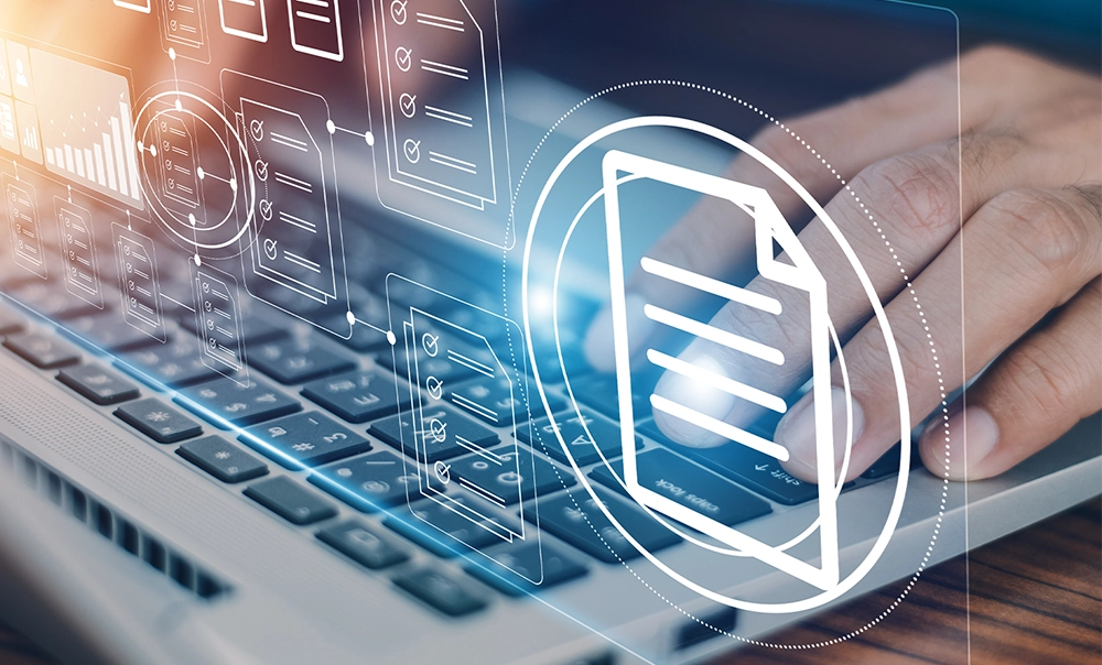 Laptop con documenti su piano 3D traslucido