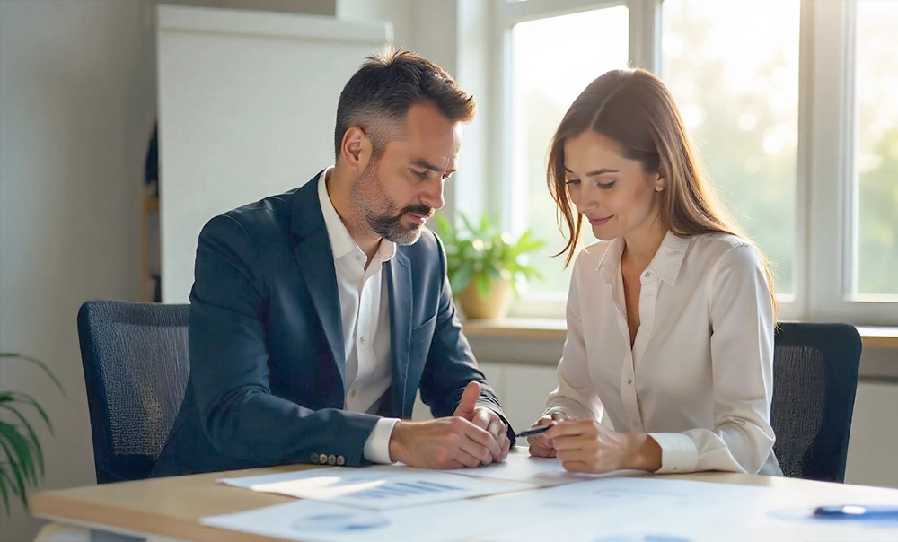 Immagine tematica di due impiegati CIIP (un uomo e una donna) che lavorano su documenti contenenti informazioni sulle tariffe