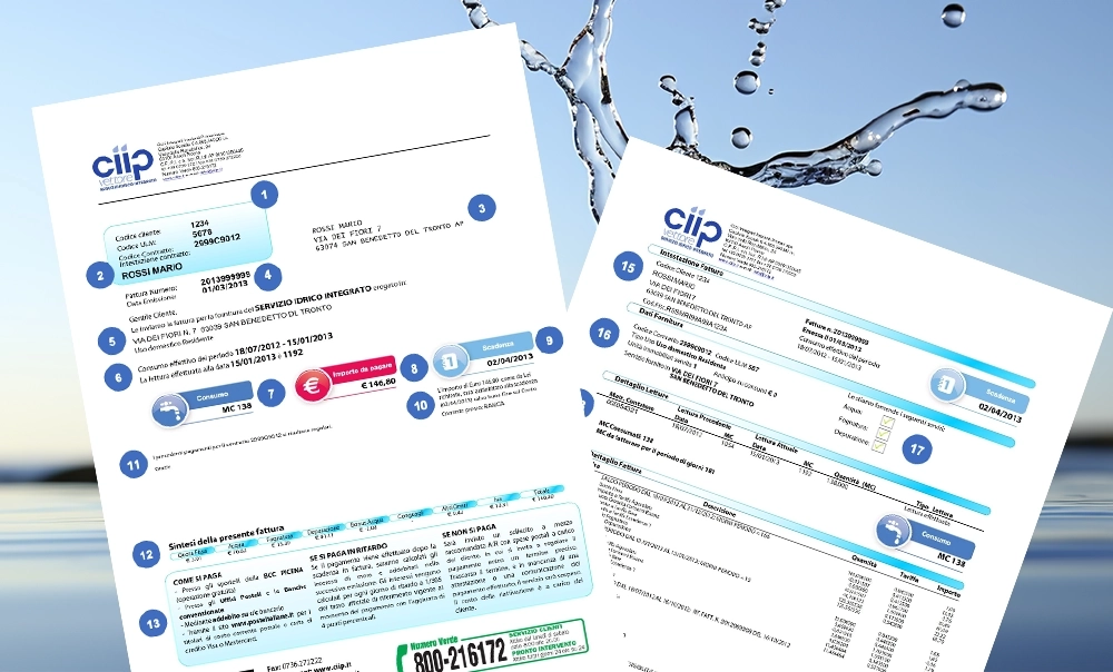 immagini di bollette della CIIP con sfondo composta da acqua zampillante