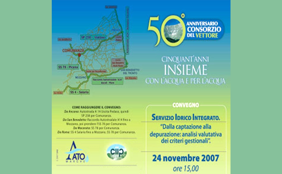Locandina Anniversario 50 Anni del Consorzio del Vettore con sfondo colorato e mappa stilizzata in dissolvenza. l'immagine contiene testi informativi sullo svolgimento del convegno.