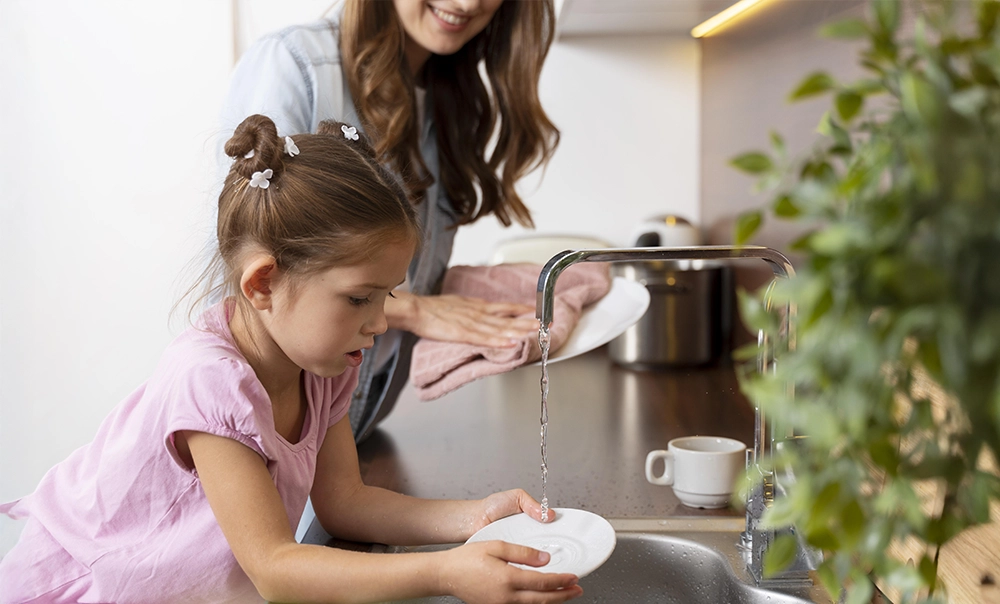 Bambina con la mamma che sciacqua un piatto del pranzo su un lavandino, sullo sfondo si intravede una cucina luminosa.